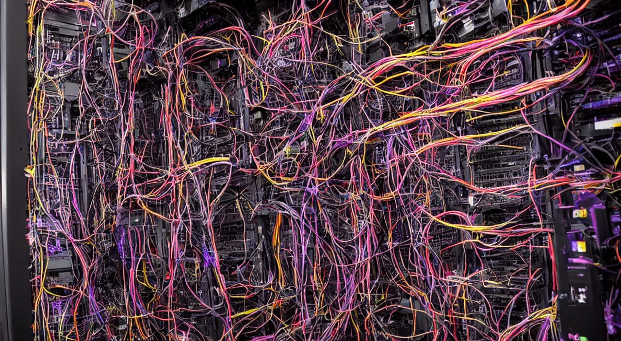 Image similar to dark broken corrupted server rack computer crypto mining data center servers equipment red, magenta, orange, yellow, pink, purple color coded wires and cables, blinking led status lights and indicators, in the dark, chaotic 5 5 mm photography detailed footage
