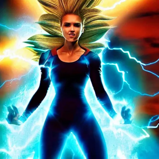 Prompt: photo of jessica alba as super saiyan powering up