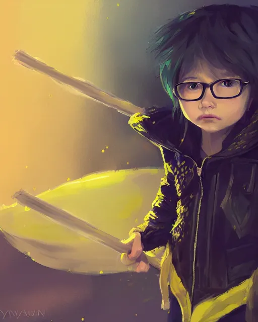 Prompt: a tiny punk kid wearing a puffy yellow jacket and a wizard wand, smooth, intricate, elegant, digital painting, artstation, concept art, sharp focus, illustration, art by ayami kojima, valorant character,