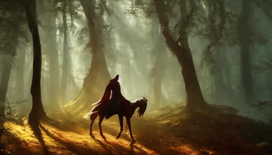 Prompt: A beautiful painting of a the headless horseman wearing a flowing cloak in a magical forest, ray traced sun light, by greg rutkowski and Kalin Popov , Trending on artstation HD.