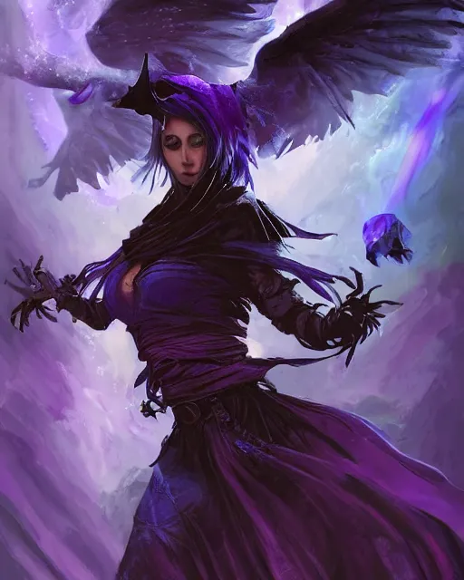Prompt: Raven Witch, spell, potion, blue and purple, magic the gathering artwork, D&D, fantasy, cinematic lighting, centered, symmetrical, highly detailed, digital painting, artstation, concept art, smooth, sharp focus, illustration, volumetric lighting, epic Composition, 8k, art by Akihiko Yoshida and Greg Rutkowski and Craig Mullins, oil painting, cgsociety