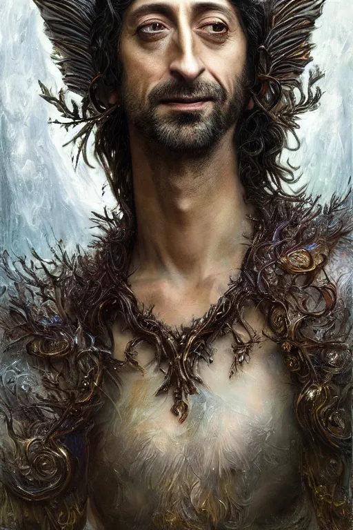 Image similar to closeup portrait shot of adrien brody as king oberon, fairy wings, lord of beasts, highly detailed, digital painting, artstation, concept art, soft focus, depth of field, artgerm, tomasz alen kopera, peter mohrbacher, donato giancola, wlop, boris vallejo