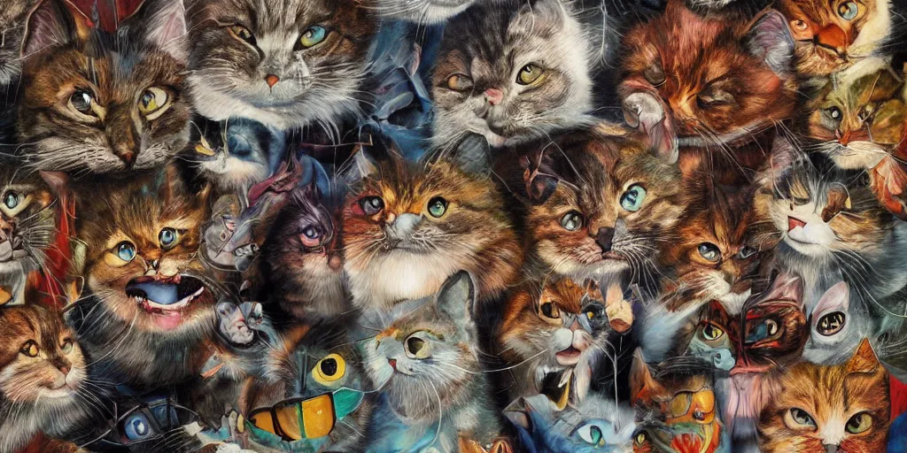 Prompt: mad cats, collage, acrylic on canvas, muralism, high resolution, cinematic, unreal 6 breathtaking detailed, breathtaking detailed, by blake neubert