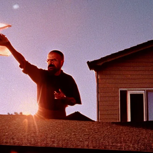 Image similar to walter white throwing a pizza onto the roof of a house, film still, wide shot, beautiful, ethereal, mythical