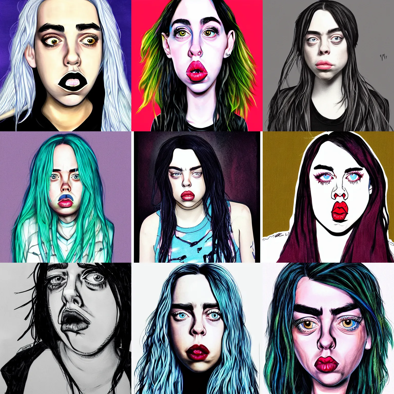 Prompt: over the top caricature of billie eilish with huge lips and tired eyes