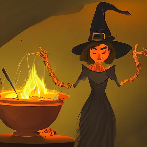 Prompt: a witch adding ingredients to her cauldron, concept art, ambient lighting lit only by the fires glow