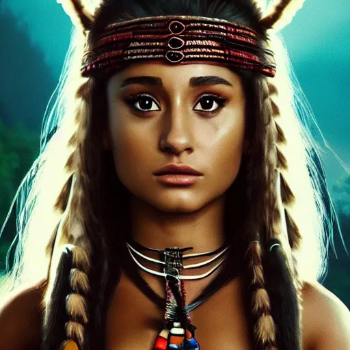 Prompt: ariana grande as a beautiful native american from 300 years ago with The Predator behind her, photography, moody lighting, artstation, realistic,