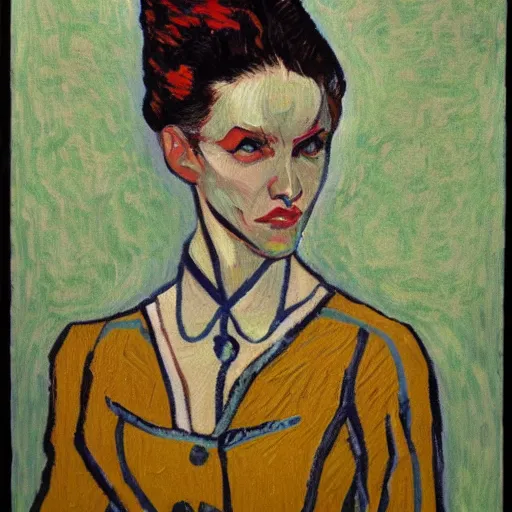 Prompt: painting of lana rhodes, in the style of van gogh