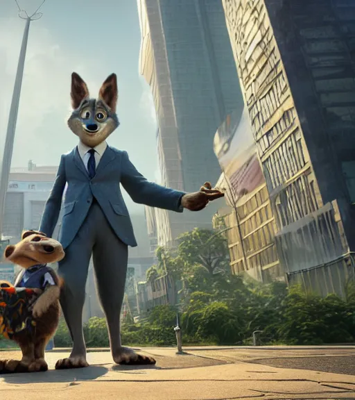 Image similar to a film still from the movie zootopia main character portrait anthro anthropomorphic wolf head animal person fursona wearing suit and tie pixar disney dreamworks animation sharp rendered in unreal engine 5 octane key art by greg rutkowski bloom dramatic lighting modeling expert masterpiece render