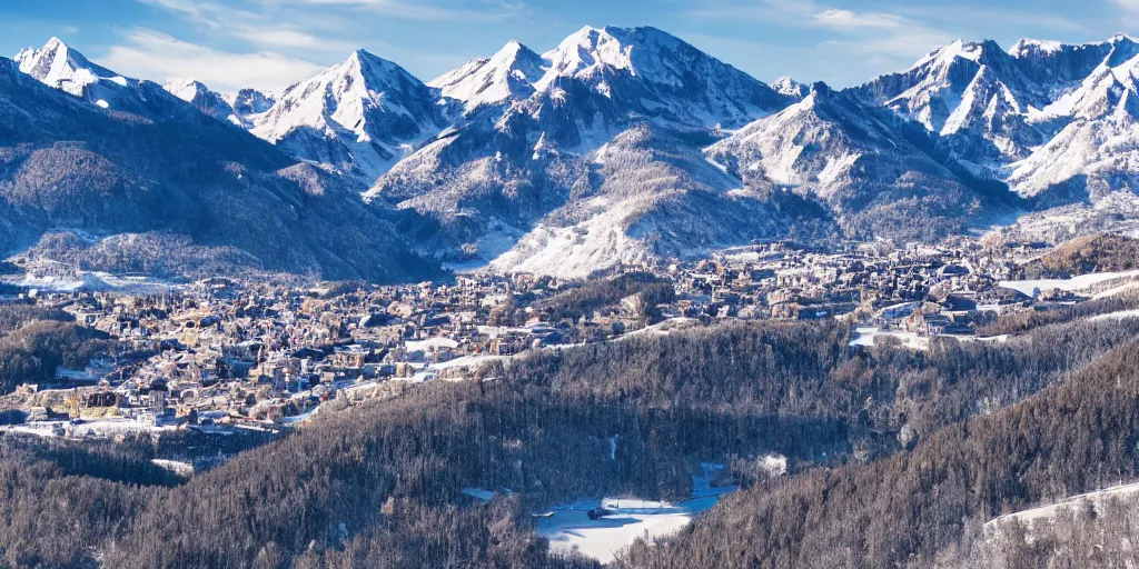 Prompt: mountains and ski resort at background, clear weather, artistic style, 8 k