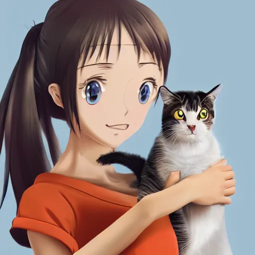 Prompt: a photorealistic girl holding an anime cat