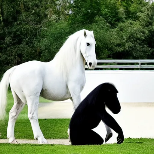 Prompt: A white ape and a black horse make up a ☯️