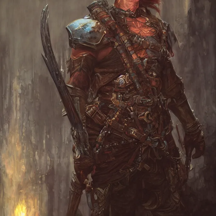 Image similar to a fantasy full - portrait painting of a male warrior in a atmospheric dark fortress, unreal 5, daz, hyperreal art by donato giancola and bayard wu and gustav moreau and wayne barlowe