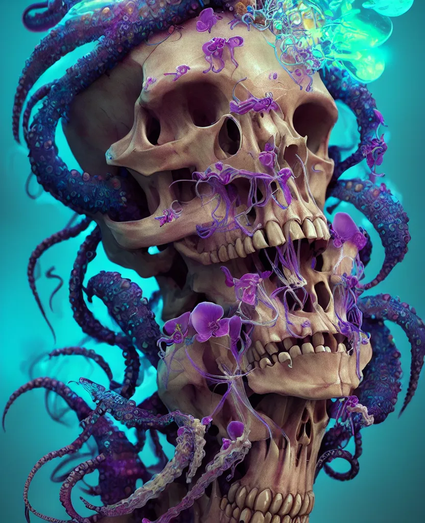 Image similar to goddess close - up portrait human skeleton, ram skull, squid phoenix jellyfish, orchid, betta fish, bioluminiscent, intricate artwork by tooth wu and wlop and beeple. octane render, trending on artstation, greg rutkowski very coherent symmetrical artwork. cinematic, hyper realism, high detail, octane render, 8 k