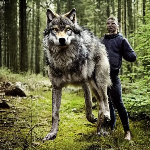 Image similar to were - creature consisting of a wolf and a human, photograph captured in a forest