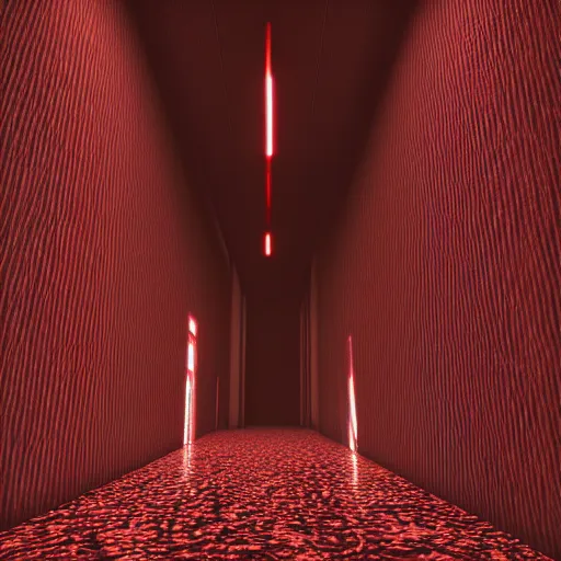 Image similar to photograph of an extremely dark narrow hallway with glowing humanoid cryptid made out of black and white static, dark deep black shadows, red and black color contrast in the style of trevor henderson, liminal space, 3 d octane render, glitch effect