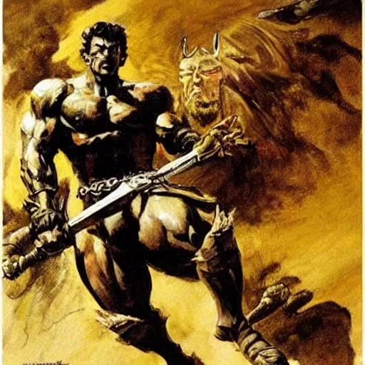 Image similar to into glory ride, artwork by Frank Frazetta, motorcycle, muscular man riding into battle holding sword