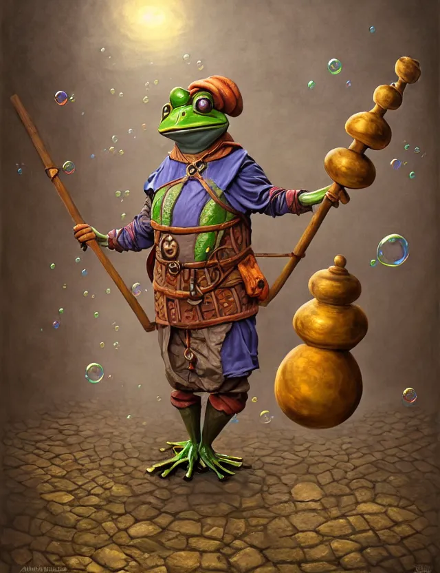 Prompt: anthropomorphic bipedal frog that is dressed as a medieval merchant, and holding a giant flail, as a matte oil painting and d & d character art, by alex grey, standing, fullbody, vibrant, floating bubbles, enlightened, fog, fractals, bright, concept art, award - winning, extremely detailed, sharp focus