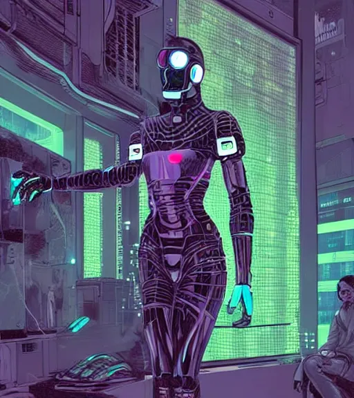 Prompt: robot woman with a hologram for a head, at a cyberpunk market, techwear, dead space, visible face, Industrial Scifi, detailed illustration, character portrait, by Martin Grip and Moebius