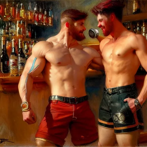 Image similar to attractive muscular male with red hair and attractive muscular male with black hair. pants and shorts, drinking their hearts out, having fun, in a pub. highly detailed and very defined painting by gaston bussiere, j. c. leyendecker, craig mullins 8 k