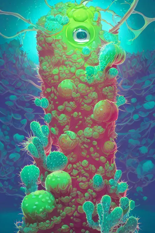 Image similar to roots cactus sushi cristal smurf ghost creature animal sushi cristal very big eye roots cactus elemental flush of force nature micro world fluo fishscale, behance hd by jesper ejsing, by rhads, makoto shinkai and lois van baarle, ilya kuvshinov, rossdraws radiating a glowing aura global illumination ray tracing hdr