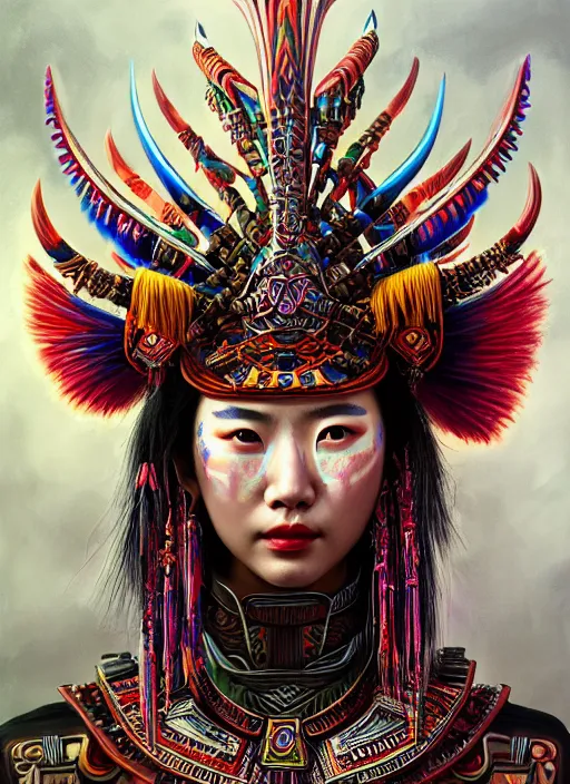 Prompt: portrait of liu yifei, hyper detailed ultra sharp aztec shaman warrior. trending on artstation, warpaint aesthetic, bloodwave, colorful, psychedelic, ornate, intricate, digital painting, concept art, smooth, sharp focus, illustration, art by artgerm and greg rutkowski and h. r. giger, 8 k
