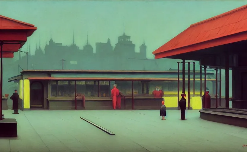 Prompt: Train station, Edward Hopper and James Gilleard, Zdzislaw Beksinski, Mark Ryden, Wolfgang Lettl highly detailed