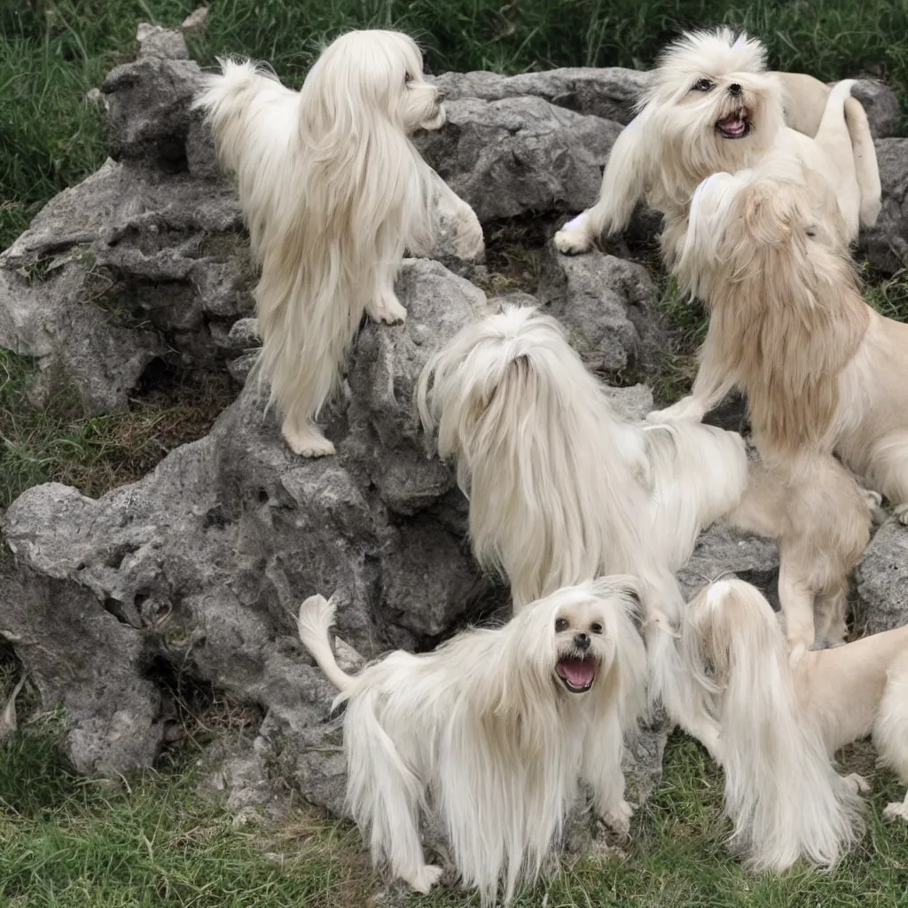 Prompt: a maltese terrier protects princess from lions, realistic, clean,