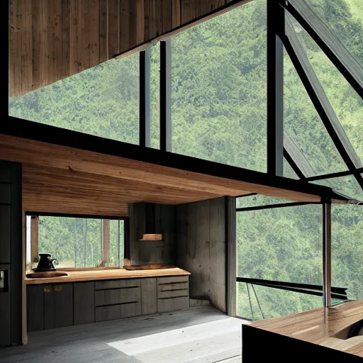 Prompt: a modern kitchen inside of a wooden cabin designed by peter zumthor, surrounded by tropical vegetation, poetic architecture, digital painting, greg rutkowski, artstation