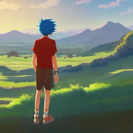 Prompt: teen boy, blue hair, standing on a ledge, fields and mountains in the background, highly detailed, artstation, by makoto shinkai and thomas kindle and James gilleard