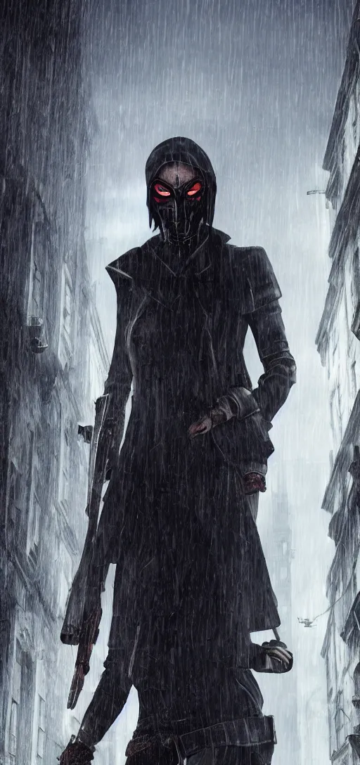 Image similar to annie leonhart in dunwall city wearing corvo attano's mask using blink, redshift render, cinematic lighting, rainy weather, melancholy atmosphere, dunwall city, volumetric light, octane render, dishonored game, dishonored 1, gothic architecture, realistic reflections, octane render 8 k, air shot