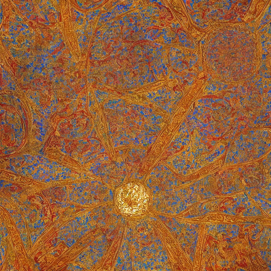 Image similar to brightly coloured patterns on its ceilings, osman hamdi bey style,