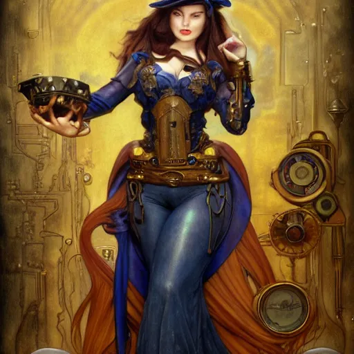 Image similar to Masterpiece head and shoulders portrait of Caitlyn from League of Legends of Arcane animated Series with blue long hair and cylinder hat with Steampunk armor drawn by Donato Giancola and Tom Bagshaw, Edmund Leighton, Alphonse Mucha, background by James Jean and Gustav Klimt, 4k, porcelain skin, volumetric lighting, komorebi, french nouveau, trending on artstation, octane render, hyperrealistic