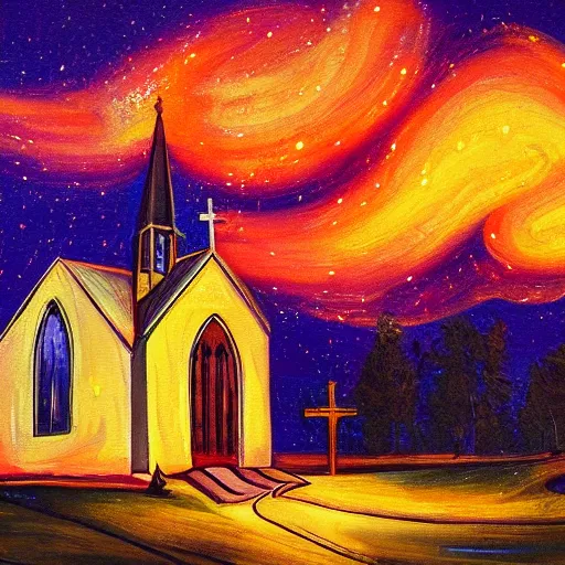 Prompt: A painting of a church on fire in the night