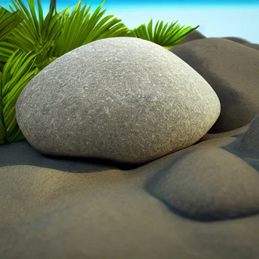 Image similar to a beautiful rock on the beach, octane render nvidia raytracing, lush vegetation