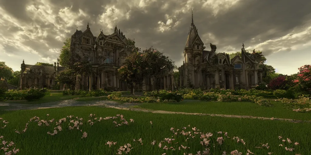 Prompt: gothic, mansion, few clouds, dawn, flowerbeds, vines, god rays, realistic, filmic lighting, very detailed, ornate, volumetric, by artstation, artemisia gentileschi, wide angle