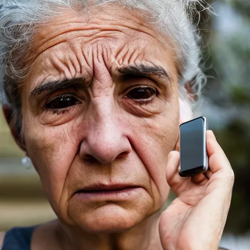 Prompt: astonished and angry middle aged lady looking at smartphone, unsure expression, uncombed hair, greek ethnicity, thin face structure, straight grey hair, angry eyes, photo, realistic, outdoor lighting, 4 k, 8 k, hd, 3 9 mm lens