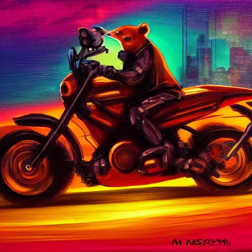 Image similar to capybara, oil painting, cyberpunk synthwave style, riding a motorcycle