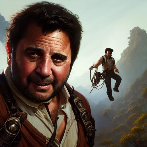 Image similar to Danny DeVito as Nathan Drake, western, D&D, fantasy, intricate, elegant, highly detailed, digital painting, artstation, concept art, matte, sharp focus, illustration, art by Artgerm and Greg Rutkowski and Alphonse Mucha