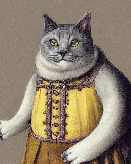 Image similar to cute jolly fat gray cat with yellow eyes wearing tudor period menswear, 1 6 th century royal portrait, greg rutkowski