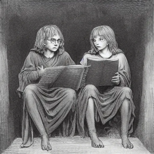 Image similar to harry potter students, by gustave dore and william blake