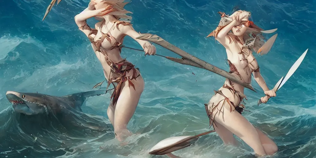 Image similar to close up of a beautiful shark tooth girl holding a trident on the horizon, model pose, slightly smiling, big wave, big blade whale fighting against thorn sharks on the background, fantasy illustrations, by peter mohrbacher and makoto shinkai and ferdinand knab