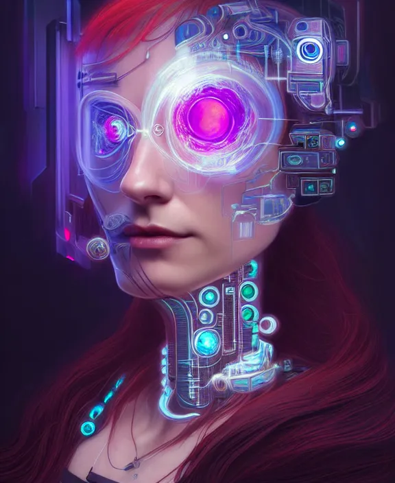 Image similar to a whirlwind of souls rushing inside the metaverse, hologram, half body, neurochip, shaved temple, piercing, jewelry, android, cyborg, cyberpunk face, by loish, d & d, fantasy, intricate, elegant, highly detailed, colorful, digital painting, artstation, concept art, art by artgerm and greg rutkowski and alphonse mucha