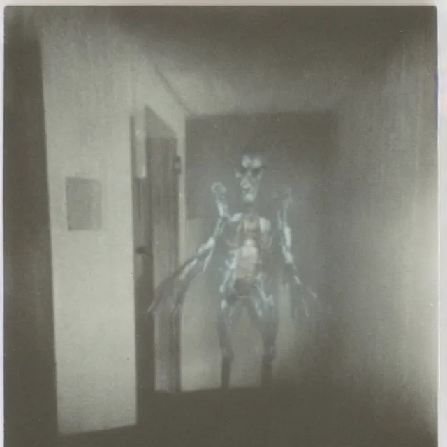 Image similar to found polaroid photo, flash, interior abandoned hospital, mutant creature standing