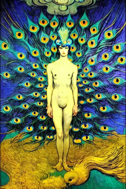 Prompt: the vision of the universal peacock by james jean, daniel merriam, moebius and vincent van gogh, symbolist, visionary