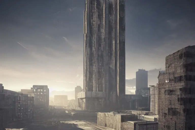 Image similar to streetscape, a towering cathedral of brutalist architecture, buildings covered with greebles, stunning volumetric light, sunset, metal, concrete and translucent material, stunning skies, majestic landscape, trending on Artstation, 8k, photorealistic, hyper detailed, unreal engine 5, IMAX quality, cinematic, epic lighting, in the style of Greg Rutkowski