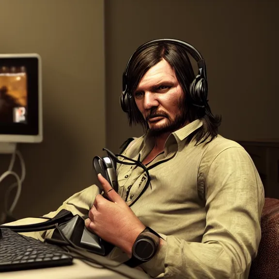 Image similar to john marston in his bedroom, playing pc games with gaming headphones on, photograph