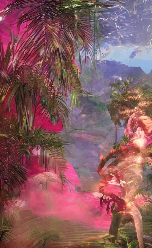 Image similar to unreal engine 5 8 k uhd render of an flamingocore tropicalwave junglepunk abstrafractalmancer, photorealistic, animal photography, photo safari, fashion shoot, lush tropical surroundings, volumetric lighting, sunlight, 1 0 5 mm lens