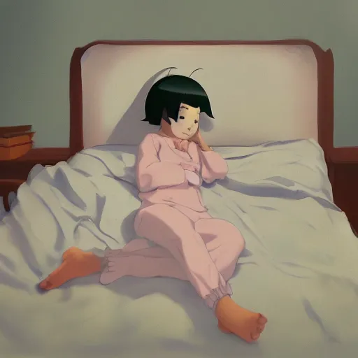 Image similar to little girl in pajama sleeping. digital artwork by makoto shinkai, inspired by pixar movies and balthus, highly detailed, realistic
