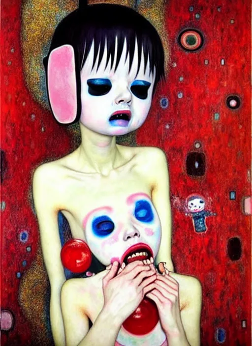 Prompt: a dramatic emotional hyperrealistic pop surrealist oil panting of a sad sobbing grotesque kawaii vocaloid figurine caricature sobbing red in the face uglycrying with tears and snot featured in dead space hill 2 by gustave klimt made of dripping paint, 😭 🤮 💕 🎀